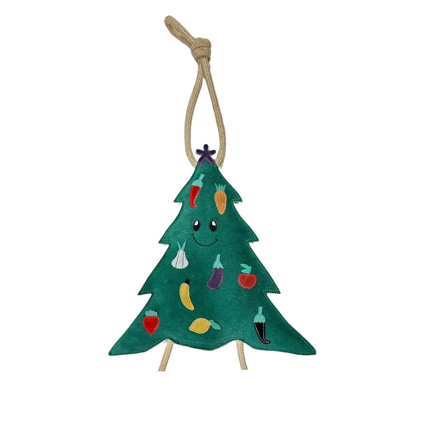 Green tree-shaped toy with colorful vegetables on a white background