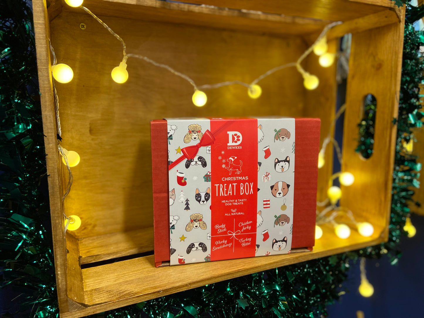 Dewkes Christmas Dog Treat Selection box on shelf