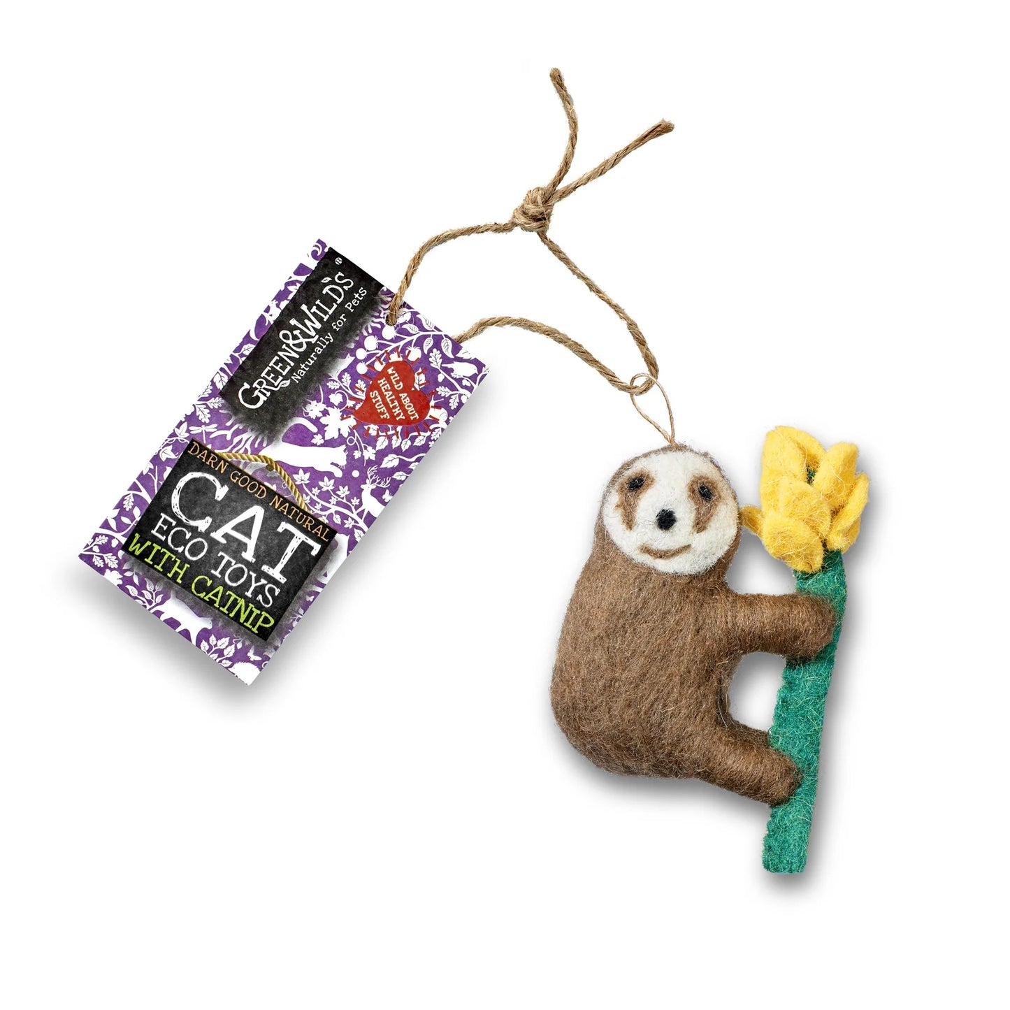 Cat toy shaped like a sloth holding a yellow flower with a 'Green & Wilds' label on a white background
