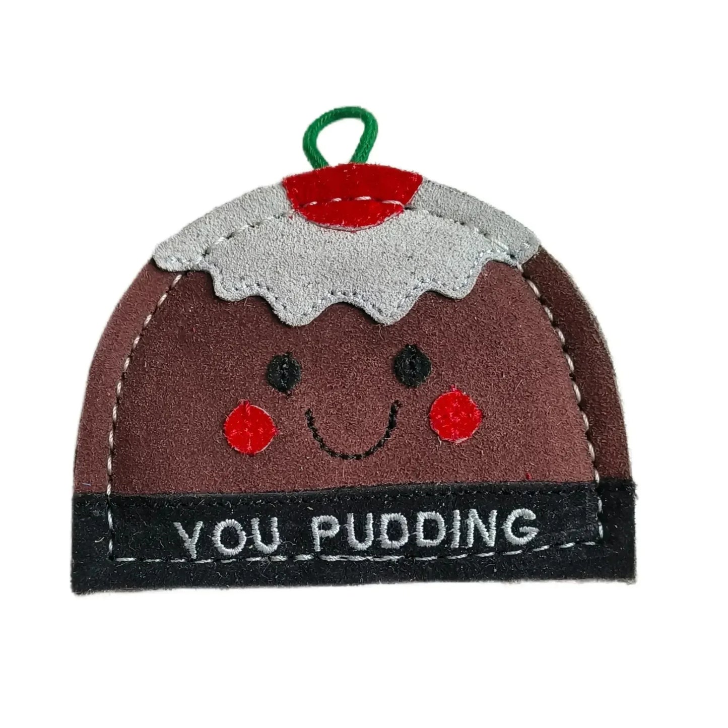 Felt pudding dog toy with a smiley face and 'YOU PUDDING' text on a white background