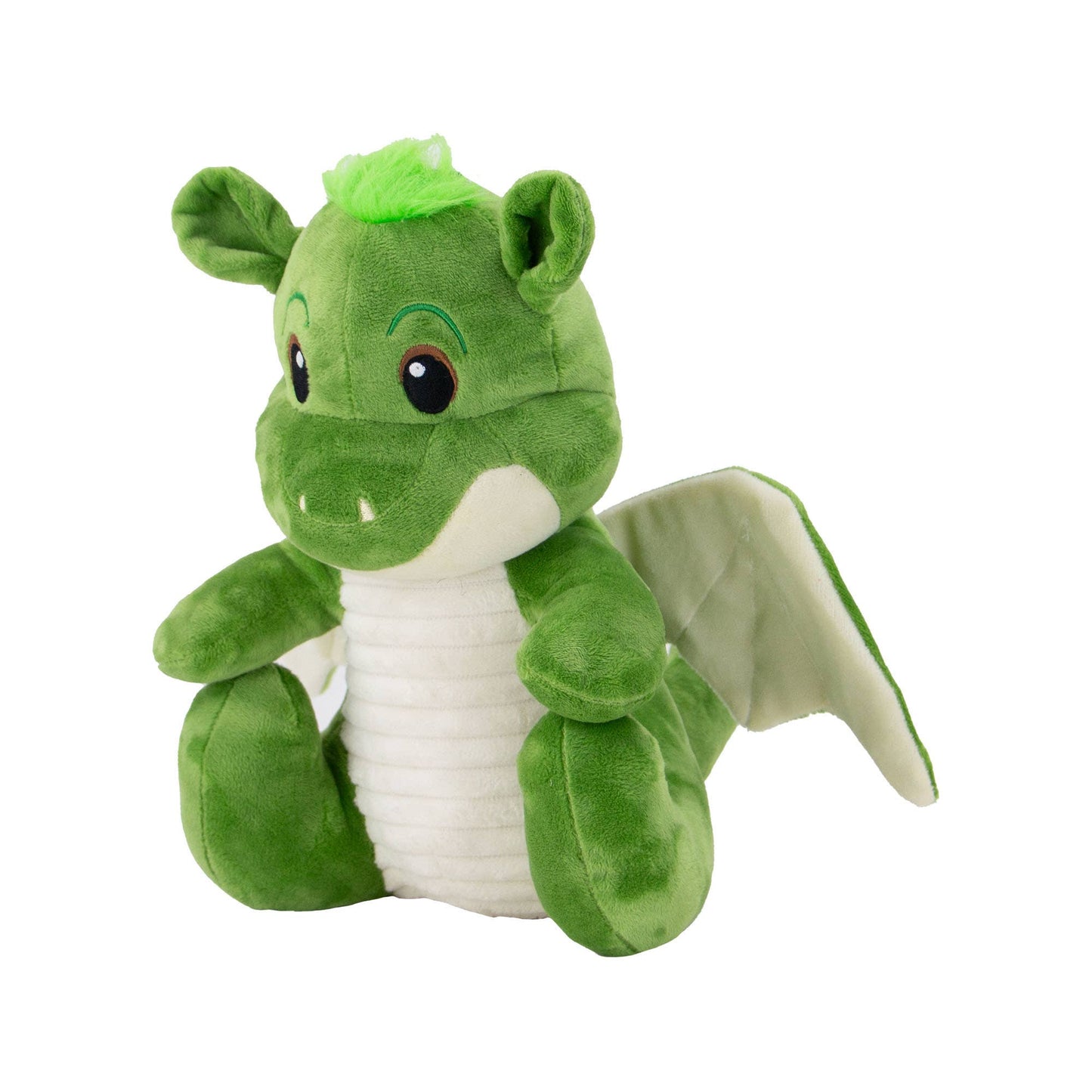 Green plush dragon toy on a white background