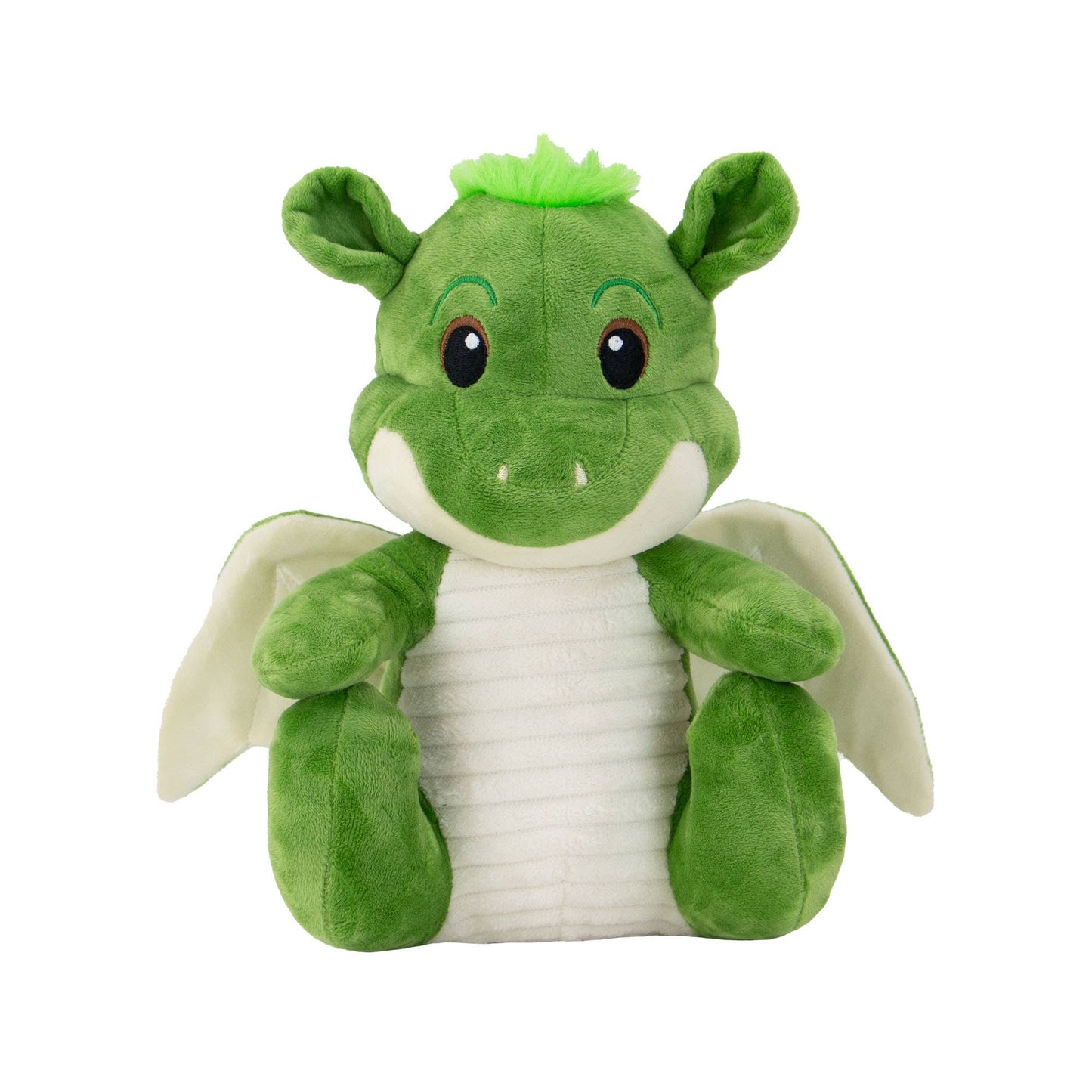 Green plush dragon toy on a white background