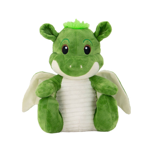 Green plush dragon toy on a white background