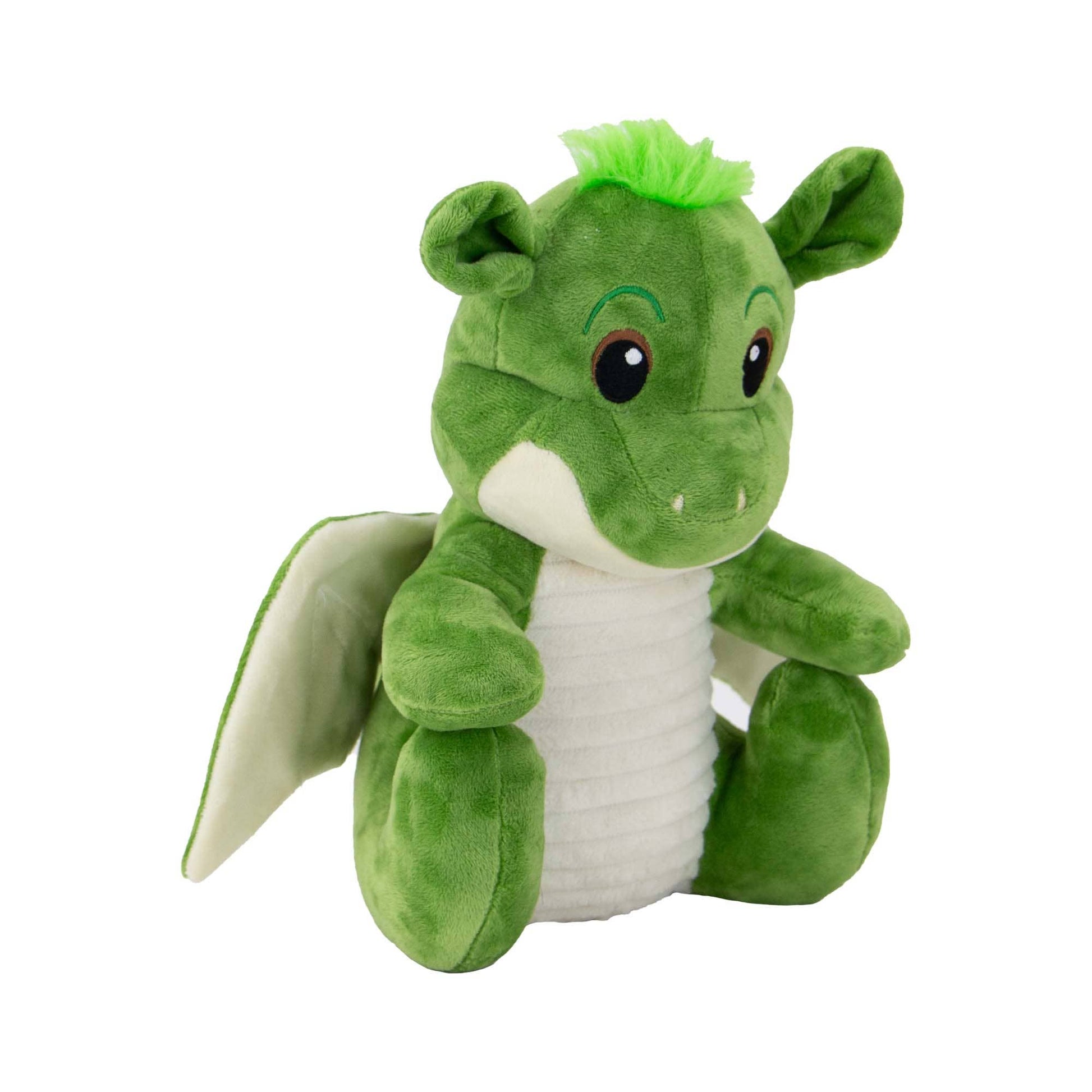 Green plush dragon toy on a white background