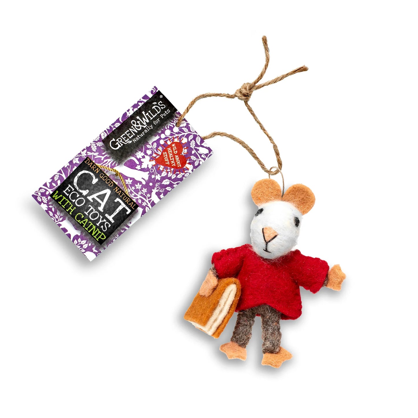 Plush toy mouse in a red sweater with a tag labeled 'Green & Wilds' on a white background