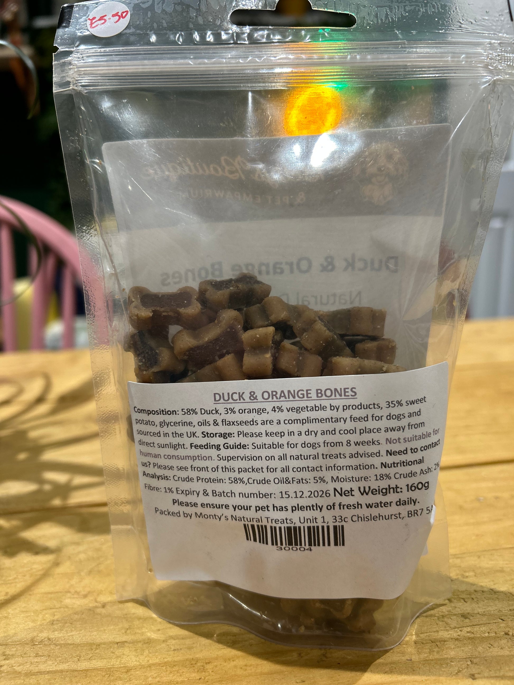 close up of ingredients of Betty's Boutique  duck and orange dog treats