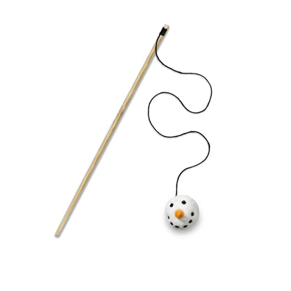 Cat toy with a long stick and a small ball with a face on a white background