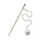 Cat toy with a long stick and a small ball with a face on a white background