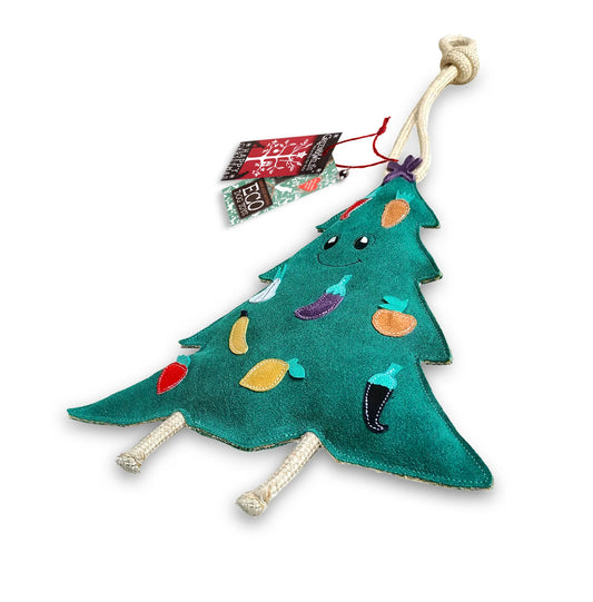 Christmas tree-shaped toy with colorful decorations on a white background