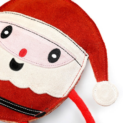 Close-up of a red plush toy resembling Santa Claus on a white background