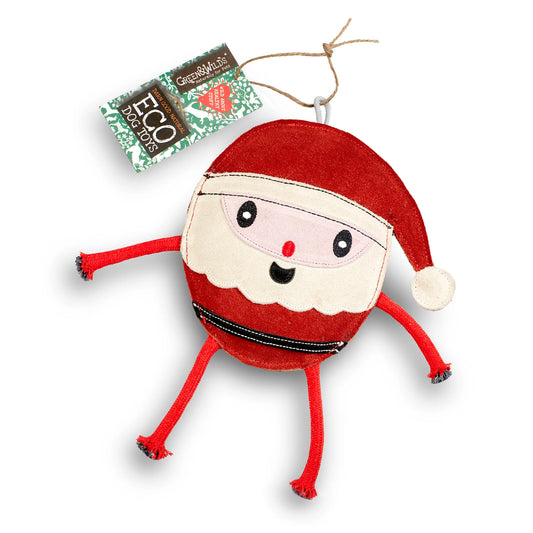 Red Santa Claus-shaped dog toy with a white background