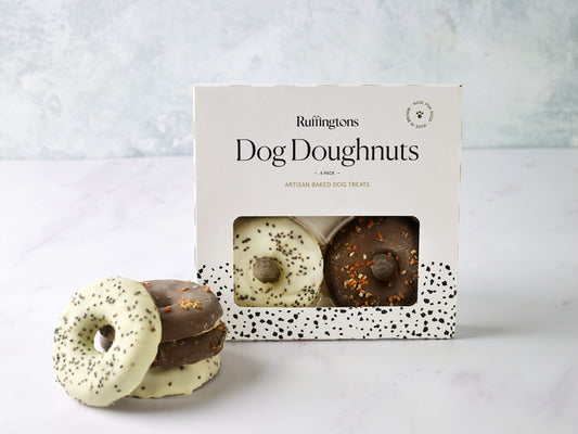 Ruffingtons Dog Doughnuts packaging with two doughnuts displayed on a light background