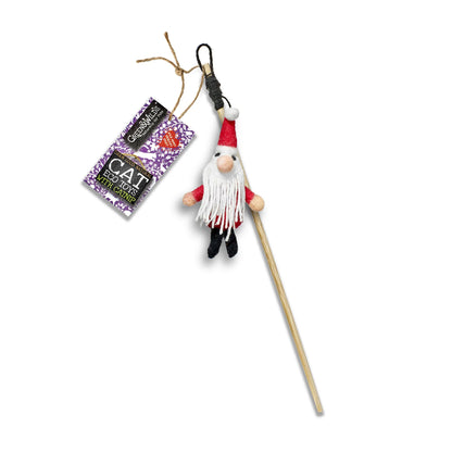 Cat toy with a gnome figure and a wand, featuring a brand label on a white background.