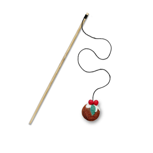 Cat toy with a string and a small round object on a white background