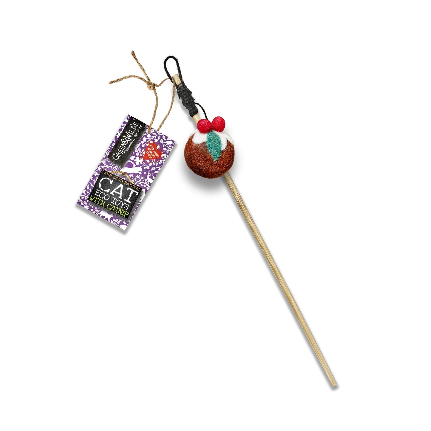 Cat toy with a wooden stick and cherry decoration on a white background