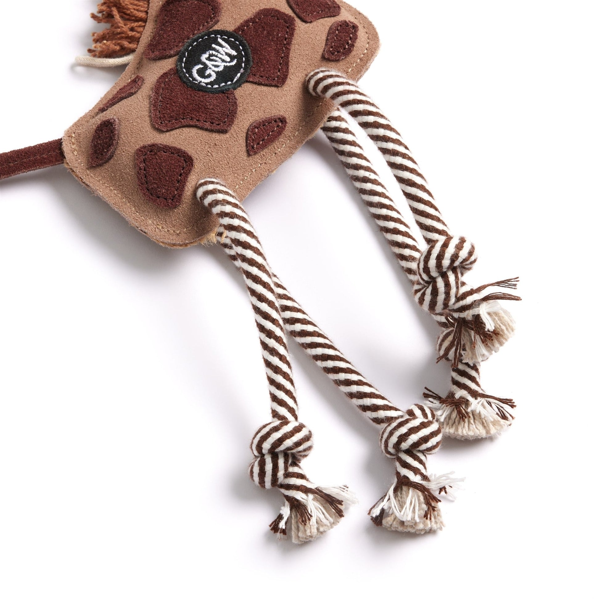 Dog toy with brown and white rope on a white background