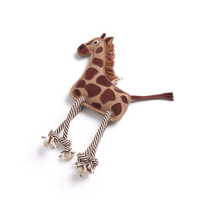 Giraffe-shaped toy with rope on a white background