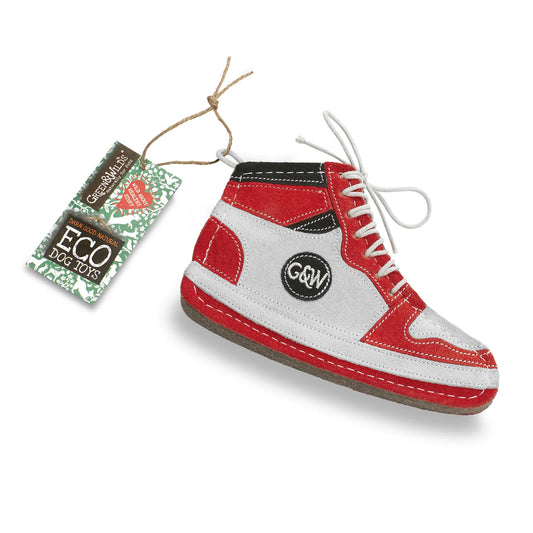 Red and white dog toy shaped like a sneaker with a visible brand logo on a white background.