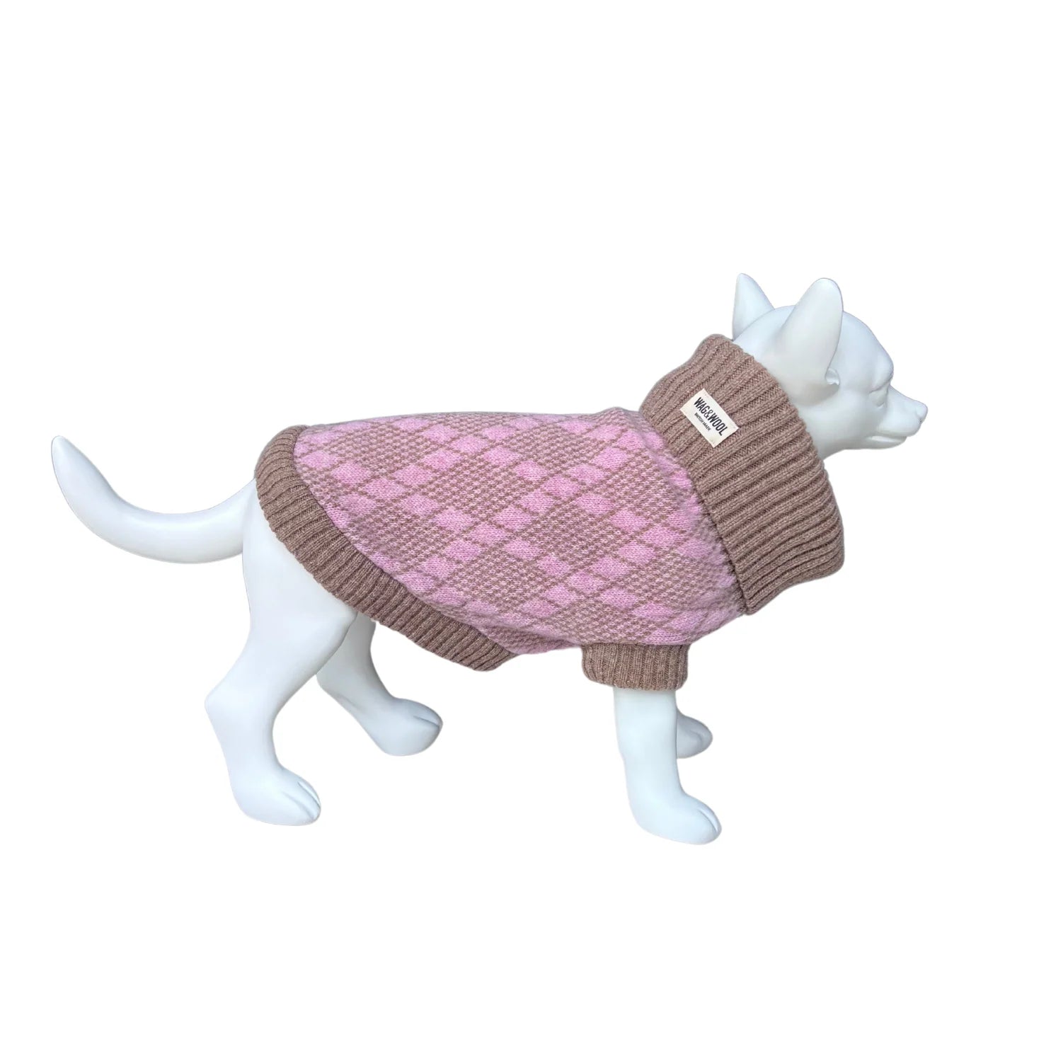 Pink and brown knitted dog sweater on a mannequin against a white background