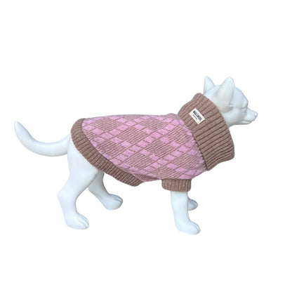 Pink and brown knitted dog sweater on a mannequin against a white background