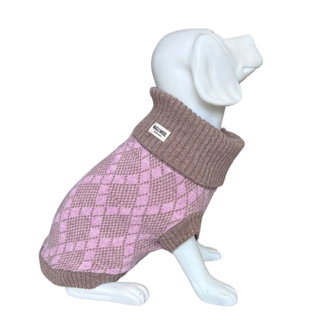 Pink and brown checkered dog sweater on a mannequin with a white background