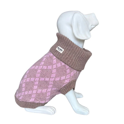 Pink and brown checkered dog sweater on a mannequin with a white background