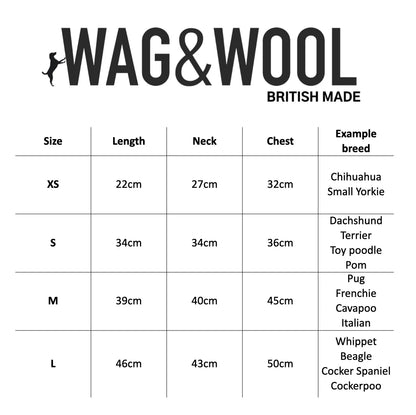 Wag & Wool size chart for pet products with dimensions and example breeds.