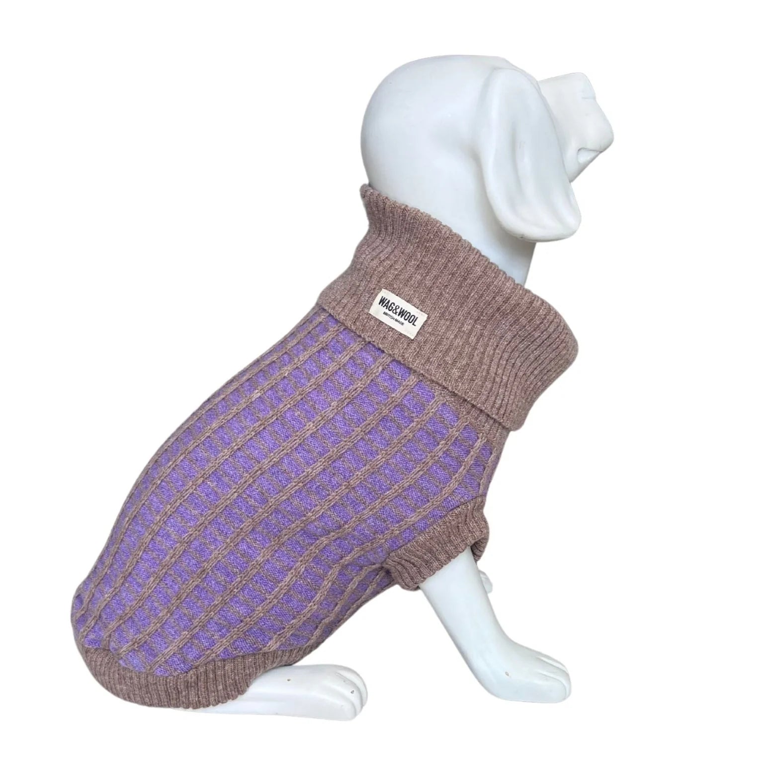 Knitted dog sweater with a purple pattern on a mannequin against a white background