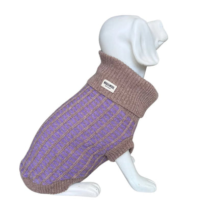 Knitted dog sweater with a purple pattern on a mannequin against a white background