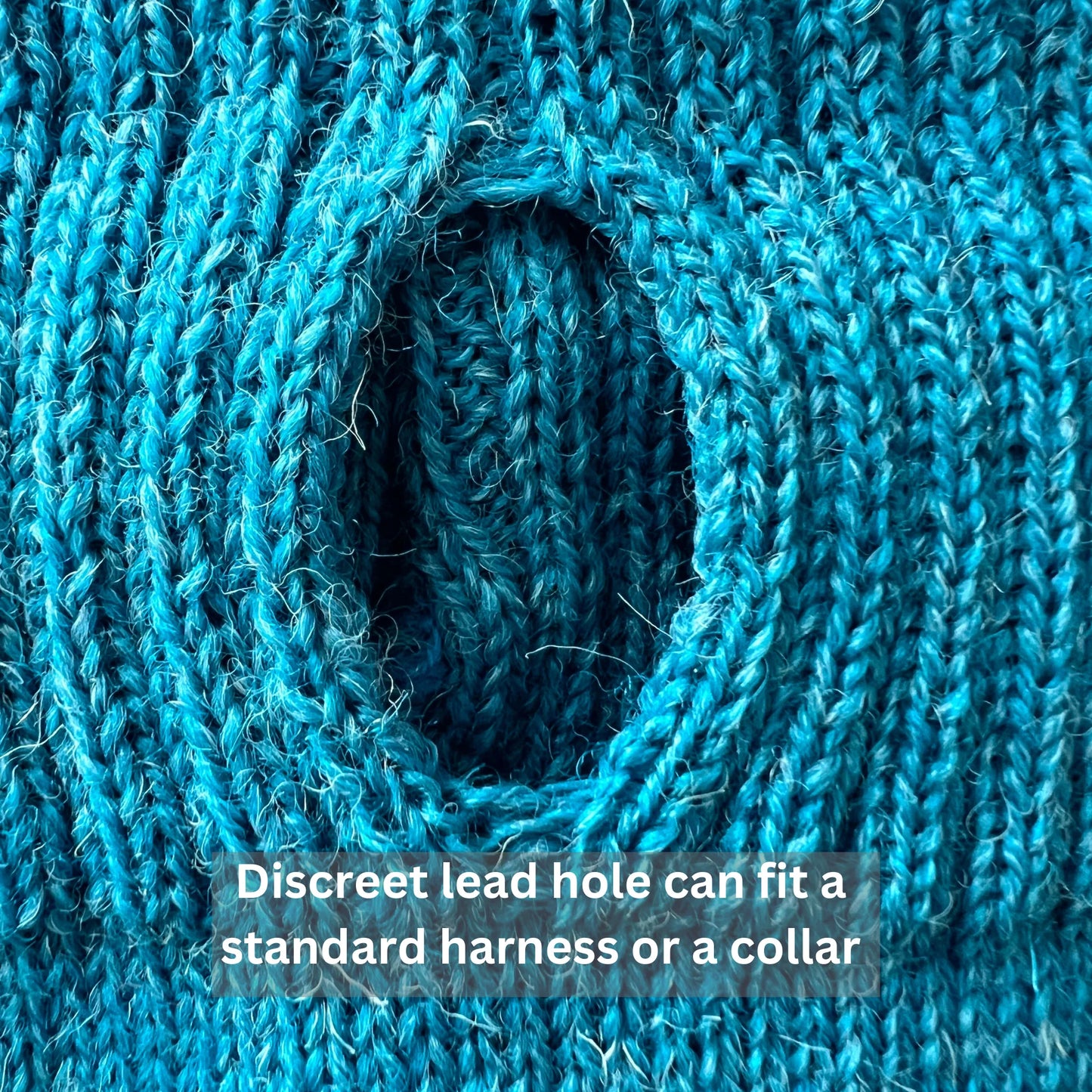 Close-up of blue fabric with a discreet lead hole, text overlay.