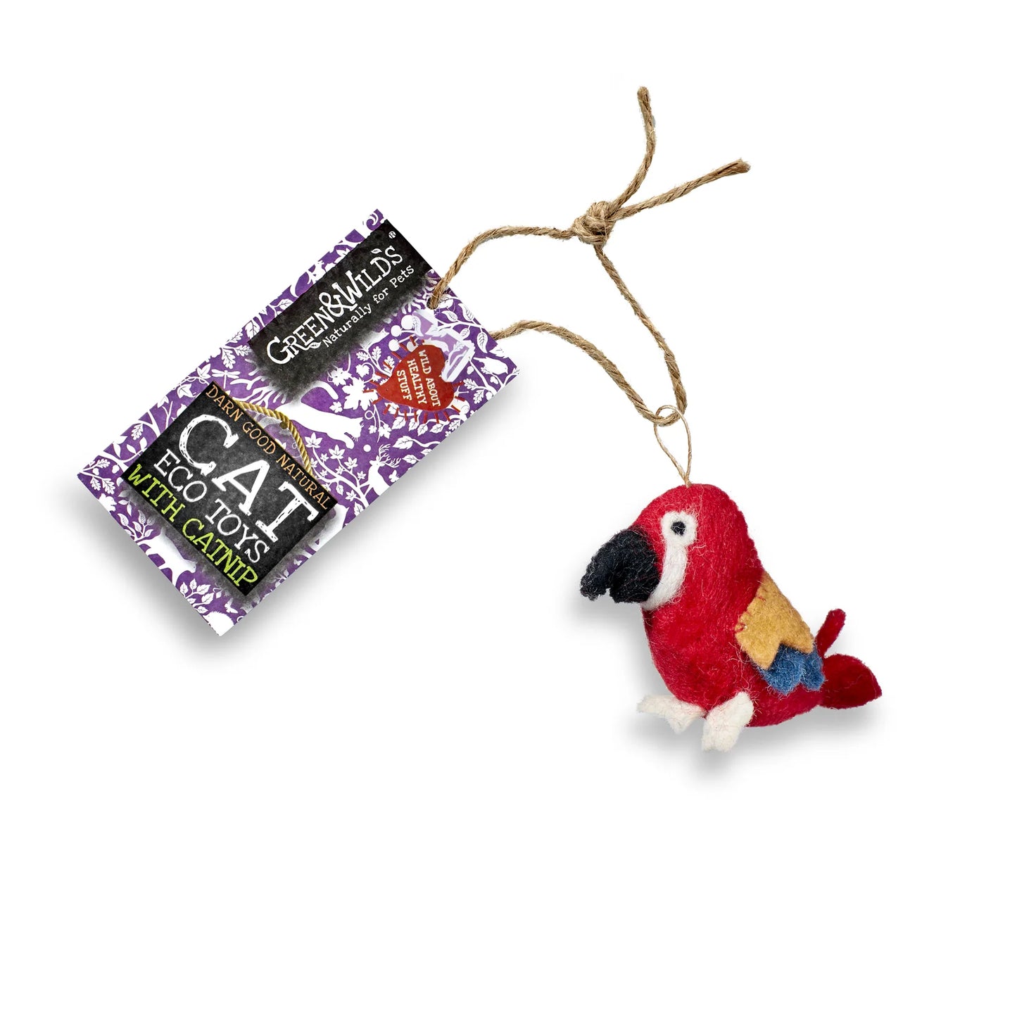 Red parrot-shaped cat toy with a purple packaging label on a white background