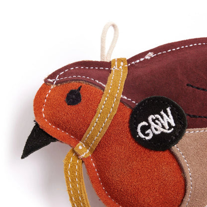close up of face of robin eco dog toy