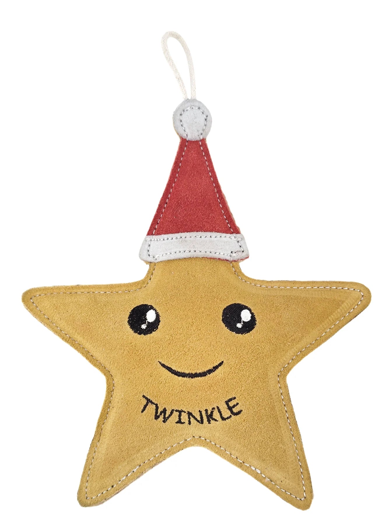 Star-shaped dog toy with a red Santa hat and 'Twinkle' text on a white background