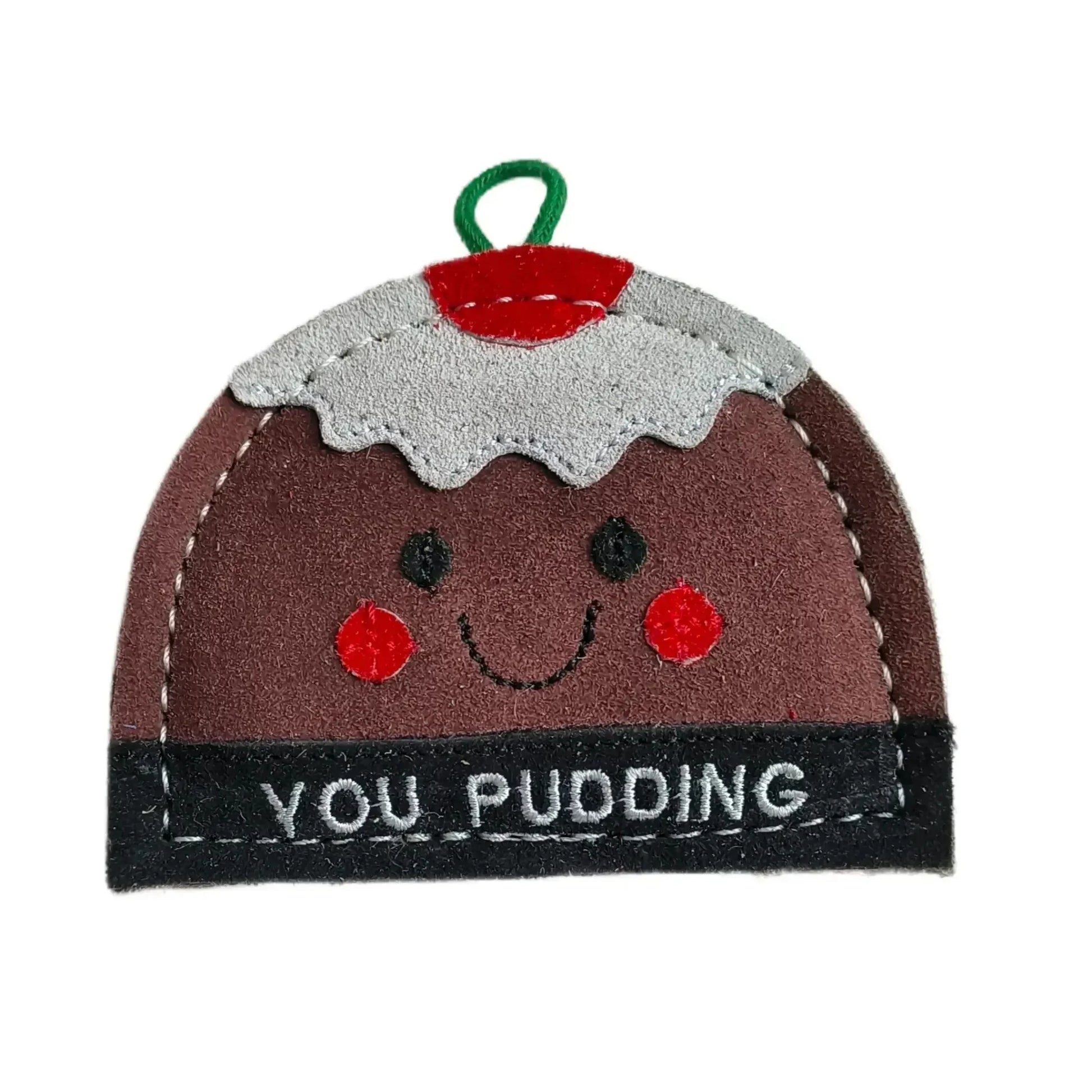 Felt pudding dog toy with a smiley face and 'YOU PUDDING' text on a white background