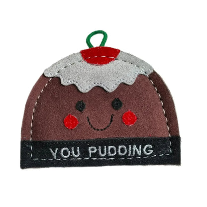 Felt pudding dog toy with a smiley face and 'YOU PUDDING' text on a white background