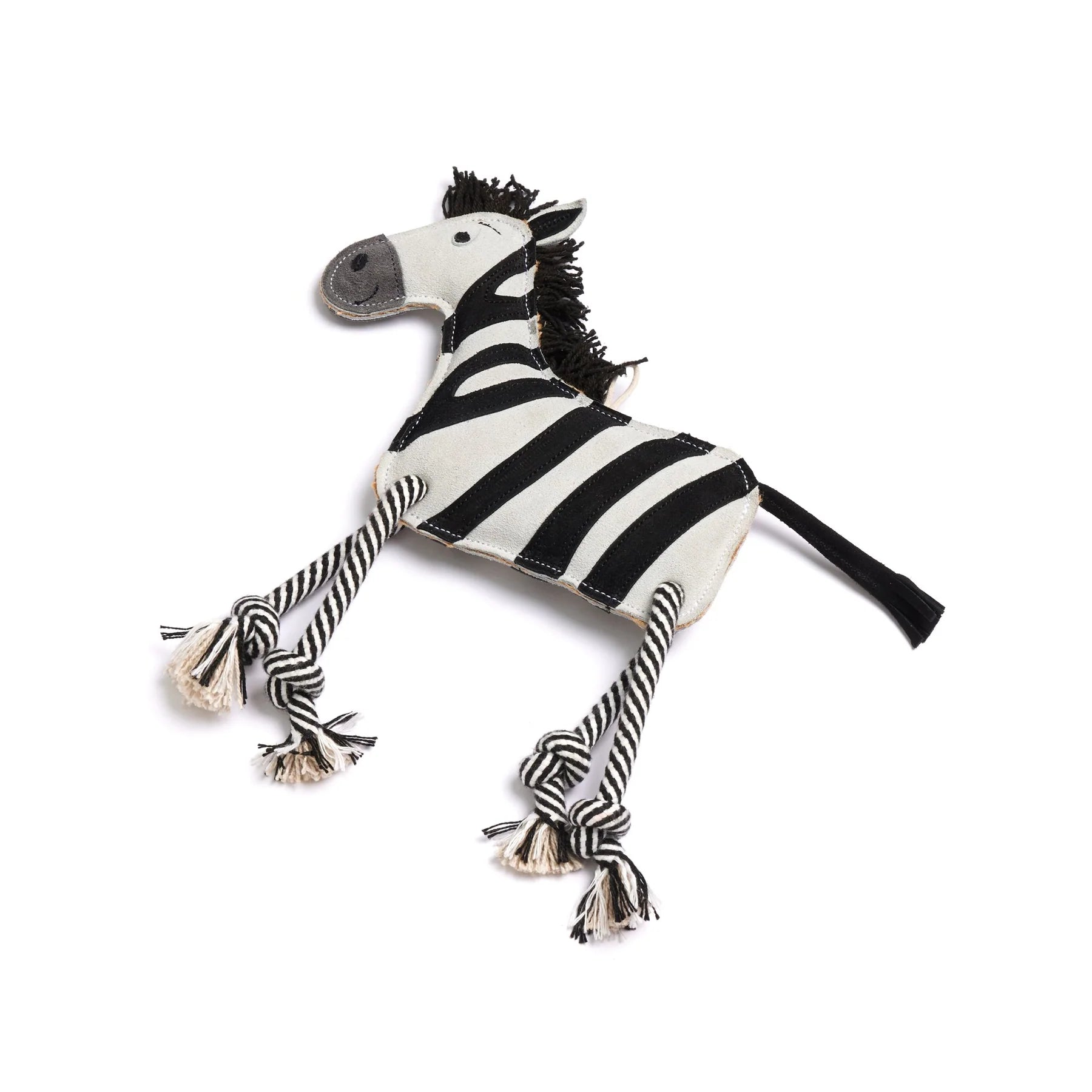 Zebra dog toy with striped pattern on a white background