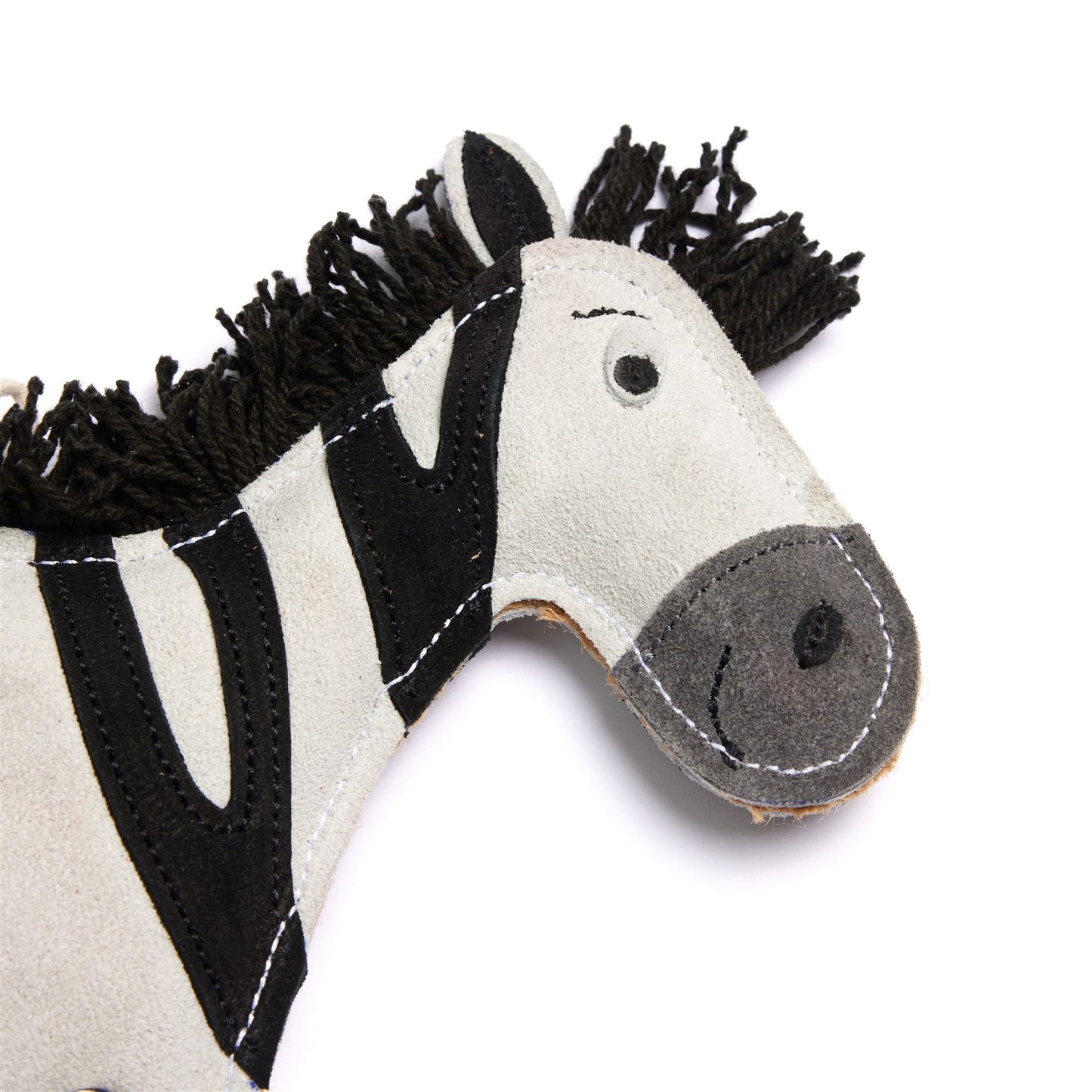 Dog Toy zebra head with black mane on a white background