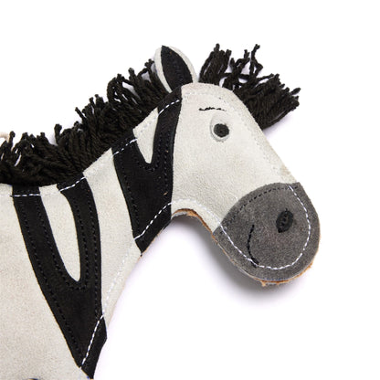 Dog Toy zebra head with black mane on a white background